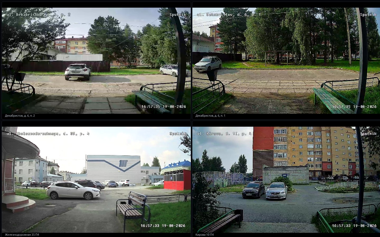 Видеостена в режиме киоска: сетка 2×2, подписи камер и отметка времени в кадре