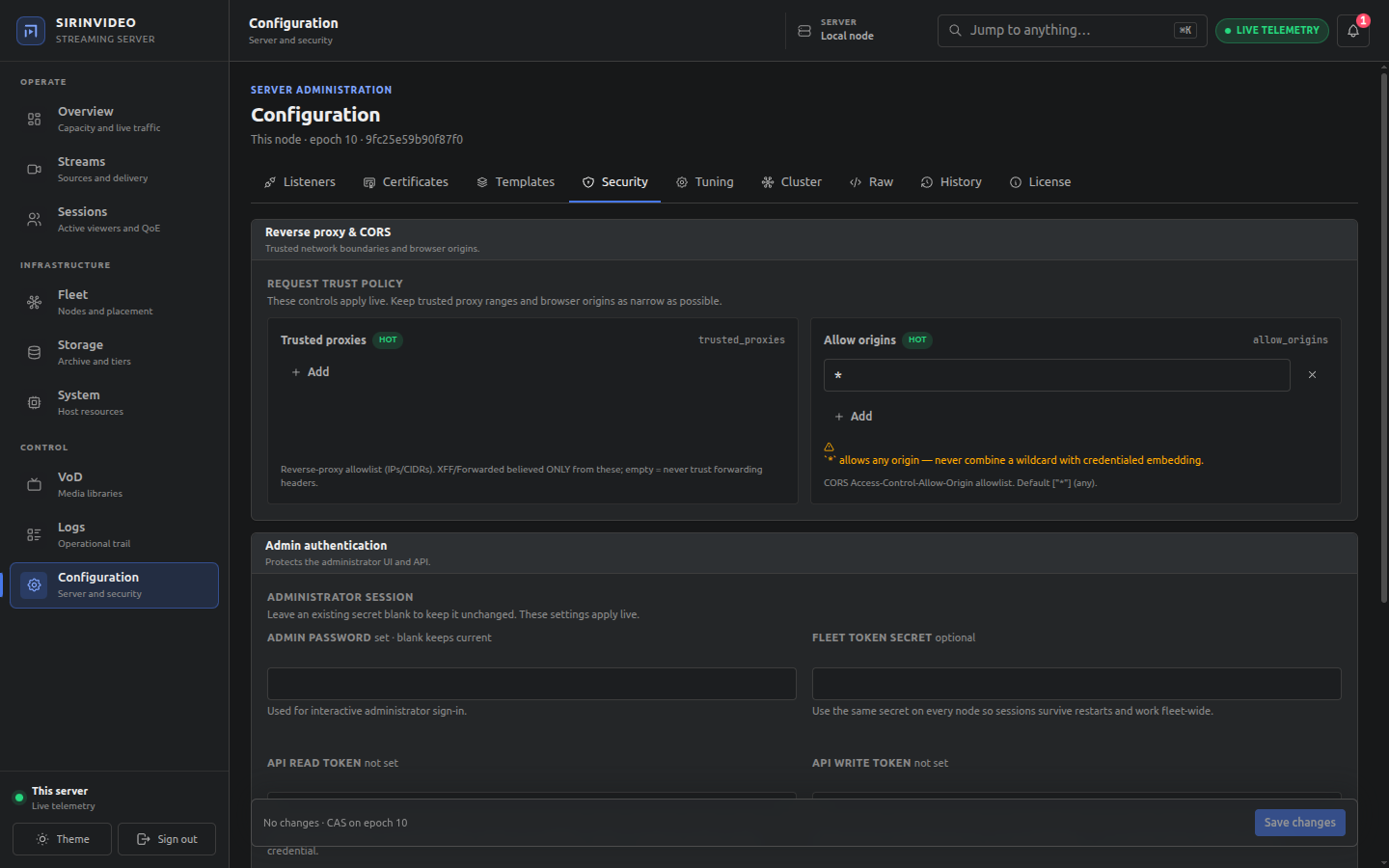 Configuration → Security: пароль администратора и статические токены API