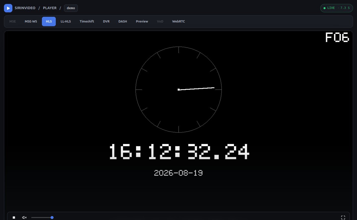 Встроенный плеер: один и тот же поток открывается вкладками MSE-WS, HLS, LL-HLS, Timeshift, DVR, DASH, превью, VoD и WebRTC.